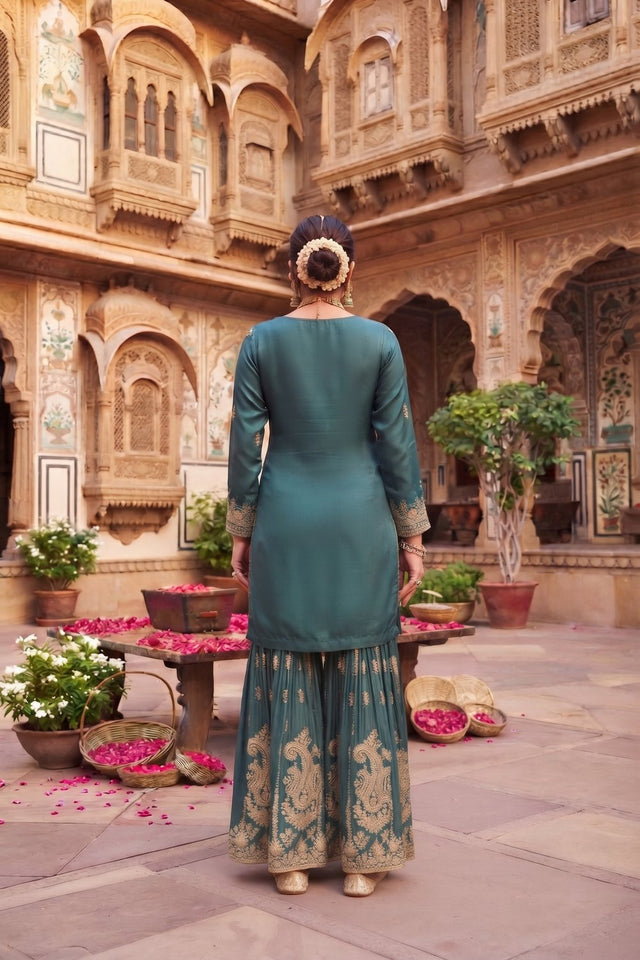 Turquoise Heavy Embroidered Chinon Free Size Stithced Sharara Suit (ACA9226)
