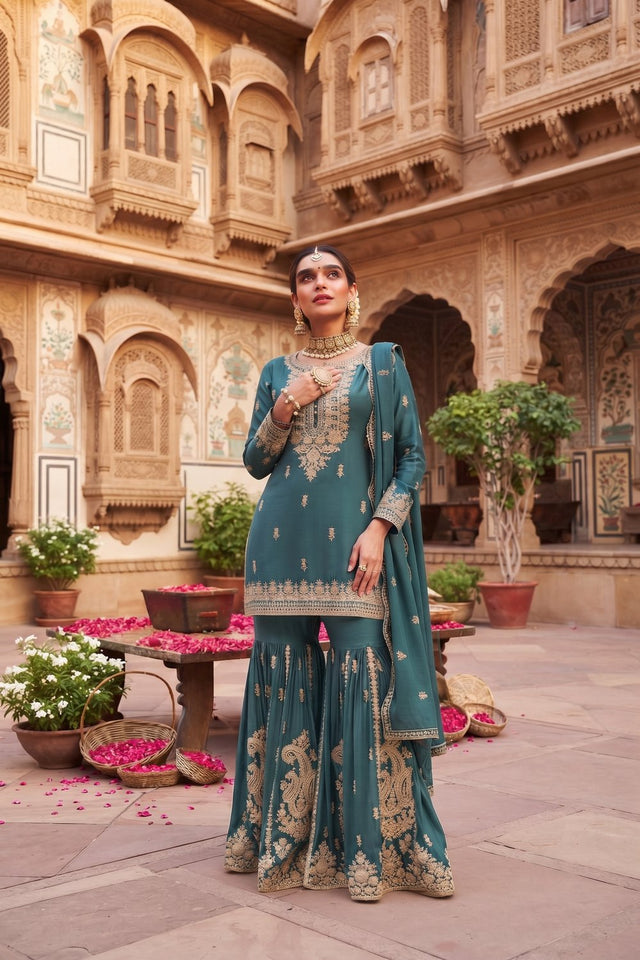 Turquoise Heavy Embroidered Chinon Free Size Stithced Sharara Suit (ACA9226)