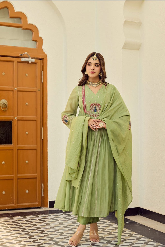 Green Embroidered Chanderi Anarkali Suit (ACA9228)