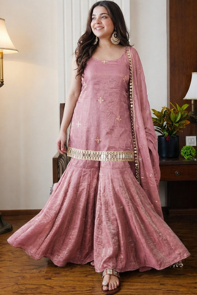 Peach Embroidered Silk Sharara Suit (ACA9230)