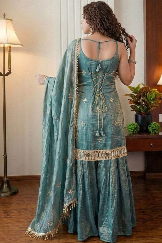 Turquoise Embroidered Silk Sharara Suit (ACA9231)