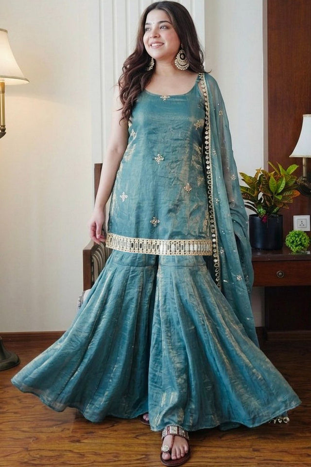 Turquoise Embroidered Silk Sharara Suit (ACA9231)