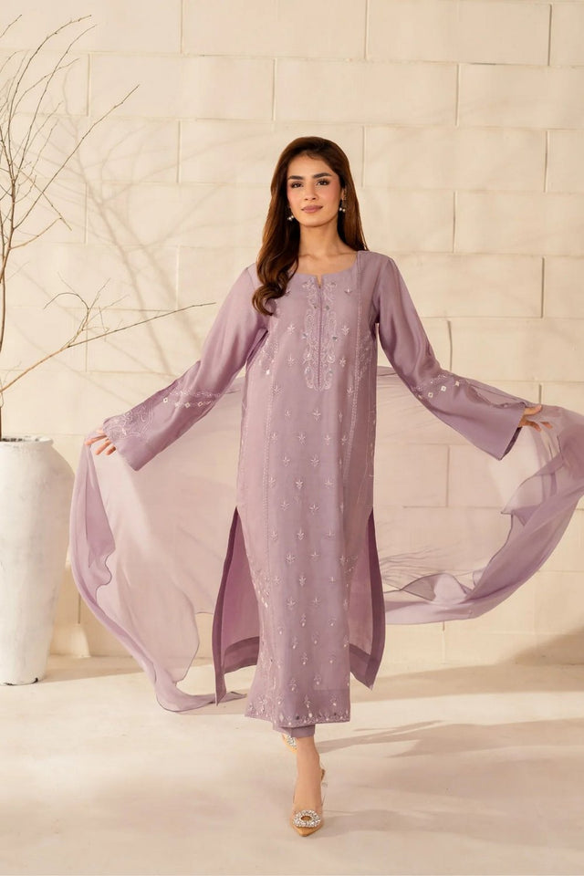 Lavender Floral Embroidered Crepe Straight Cut (ACA9232)