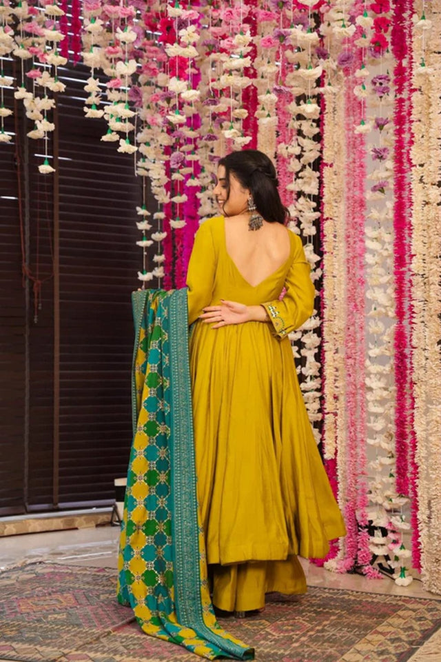 Mustard Embroidered Chanderi Anarkali Suit (ACA9234)