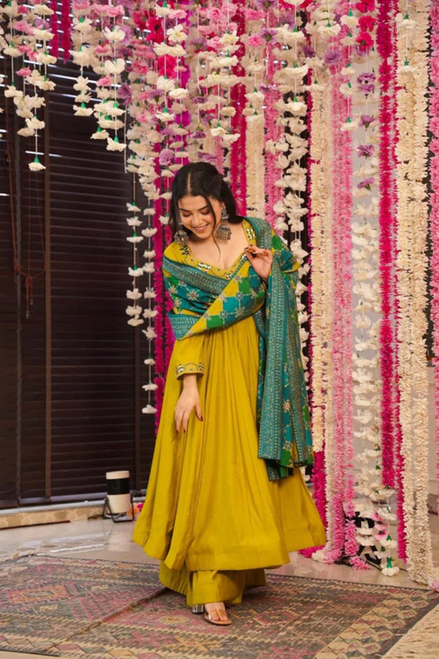 Mustard Embroidered Chanderi Anarkali Suit (ACA9234)
