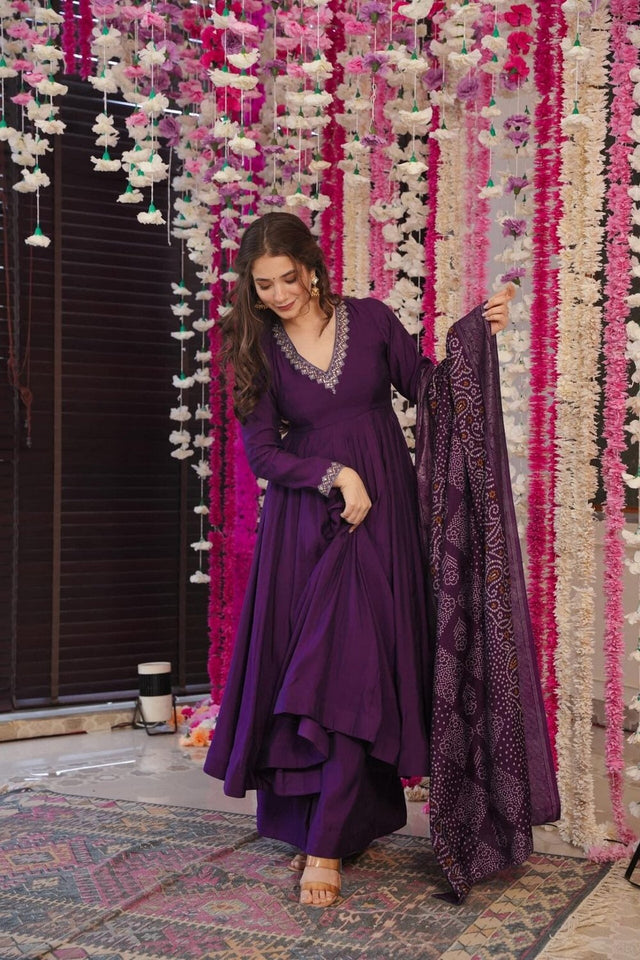 Wine Embroidered Chanderi Anarkali Suit (ACA9235)