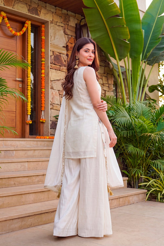 Off White Embroidered Crepe Anarkali Suit (ACA9237)