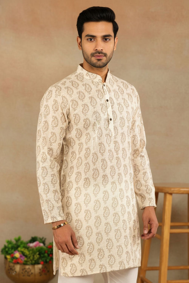 Mens Cream Digital Printed Linen Kurta Set (ACA9238)