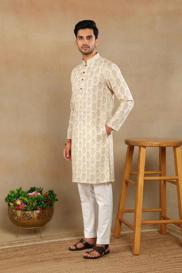 Mens Cream Digital Printed Linen Kurta Set (ACA9238)
