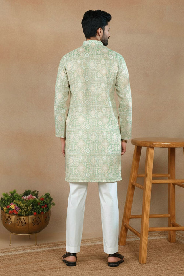 Mens Green Digital Printed Linen Kurta Set (ACA9239)