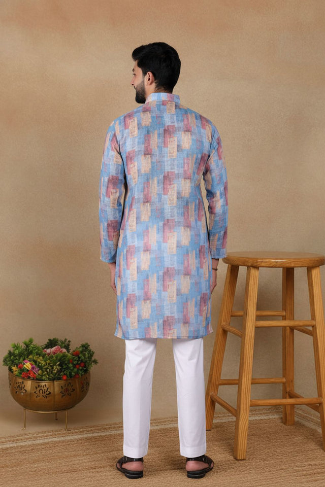 Mens Blue Digital Printed Linen Kurta Set (ACA9240)
