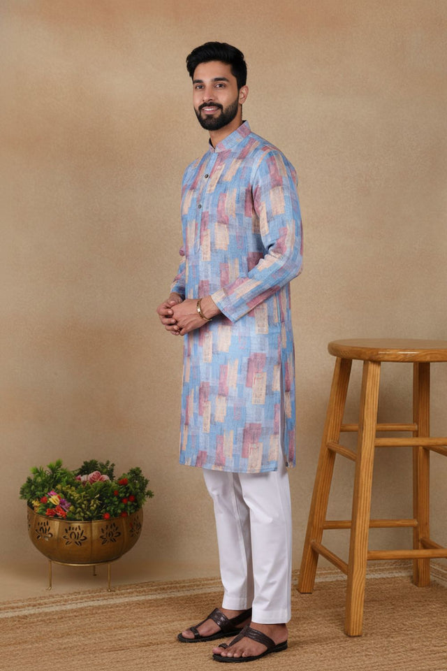 Mens Blue Digital Printed Linen Kurta Set (ACA9240)