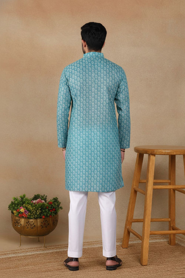 Mens Green Digital Printed Linen Kurta Set (ACA9241)
