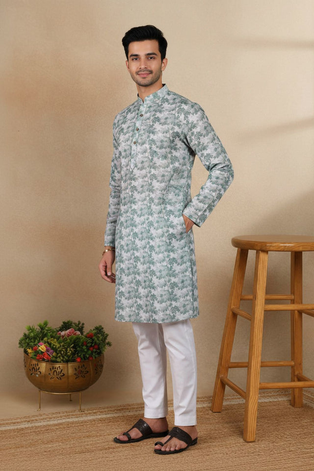 Mens Green Digital Printed Linen Kurta Set (ACA9242)