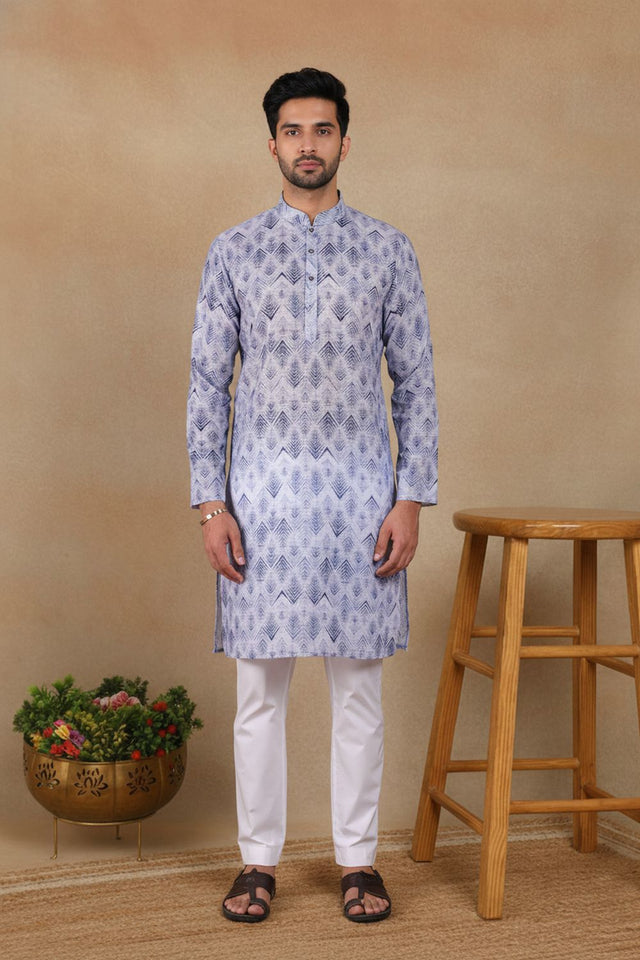 Mens Blue Digital Printed Linen Kurta Set (ACA9244)