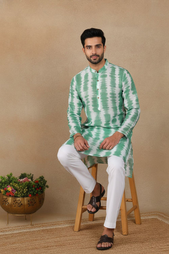 Mens Green Digital Printed Linen Kurta Set (ACA9245)