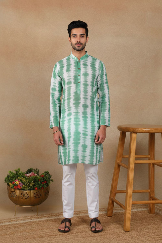 Mens Green Digital Printed Linen Kurta Set (ACA9245)