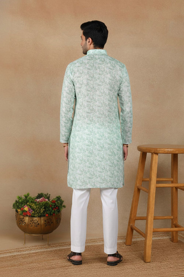 Mens Green Digital Printed Linen Kurta Set (ACA9246)