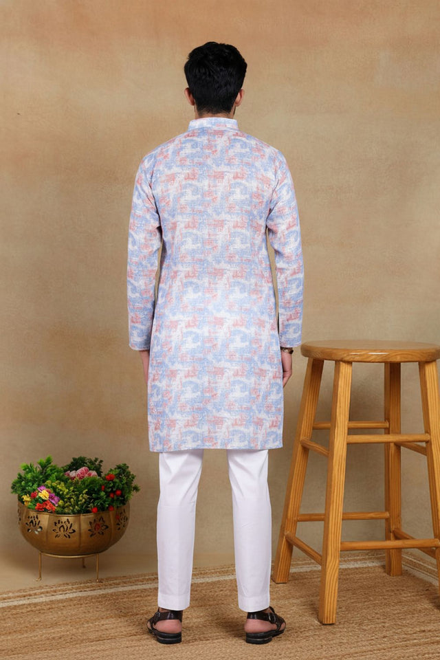 Mens Lavender Digital Printed Linen Kurta Set (ACA9247)
