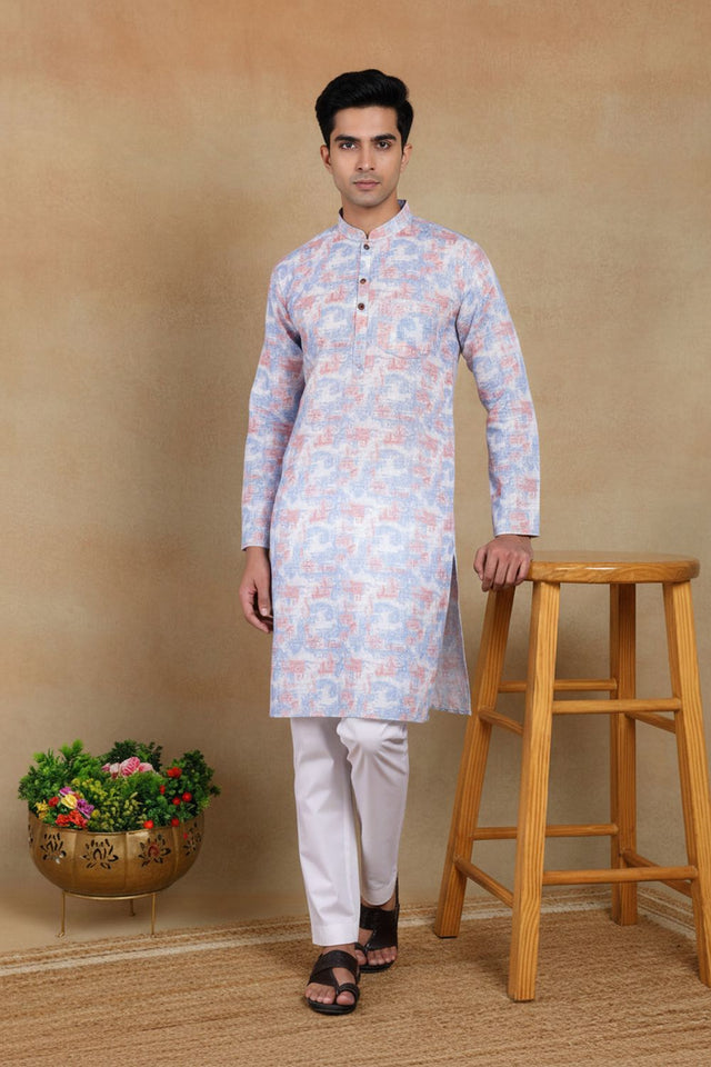 Mens Lavender Digital Printed Linen Kurta Set (ACA9247)