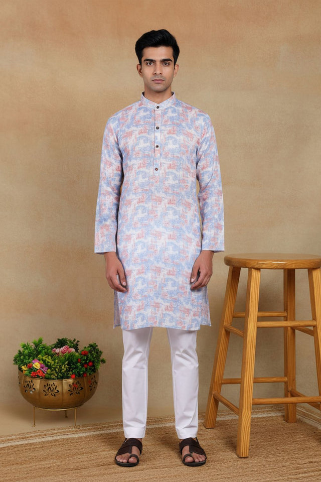 Mens Lavender Digital Printed Linen Kurta Set (ACA9247)