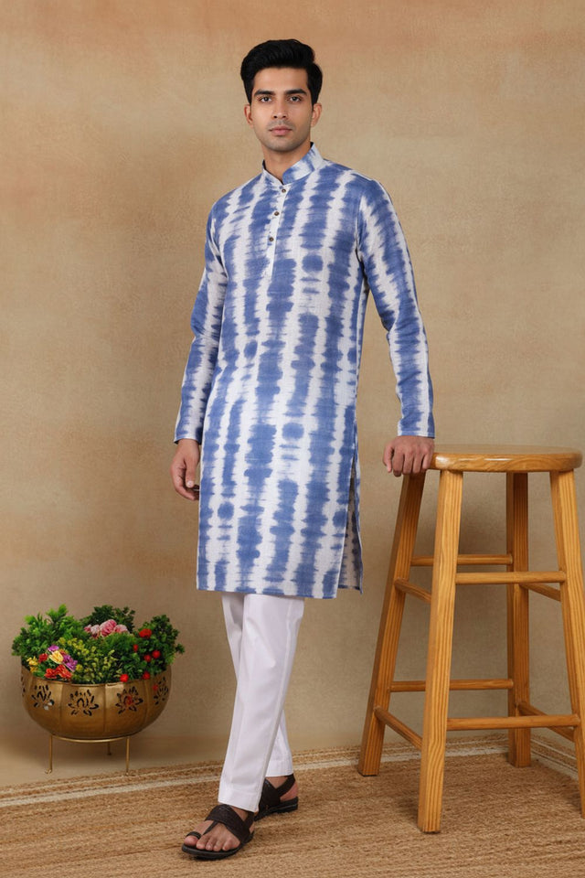 Mens Navy Blue Digital Printed Linen Kurta Set (ACA9248)