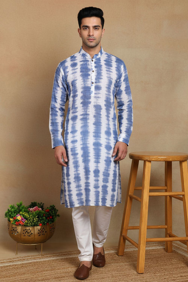 Mens Navy Blue Digital Printed Linen Kurta Set (ACA9248)