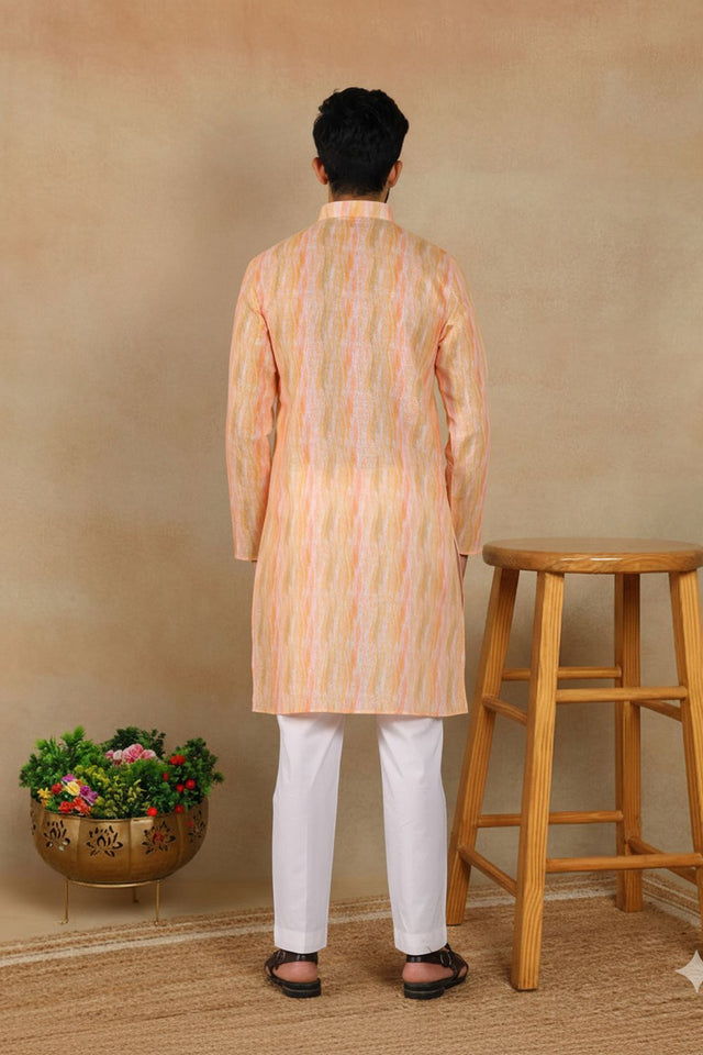 Mens Peach Digital Printed Linen Kurta Set (ACA9249)