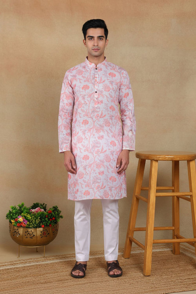 Mens Pink Digital Printed Linen Kurta Set (ACA9250)