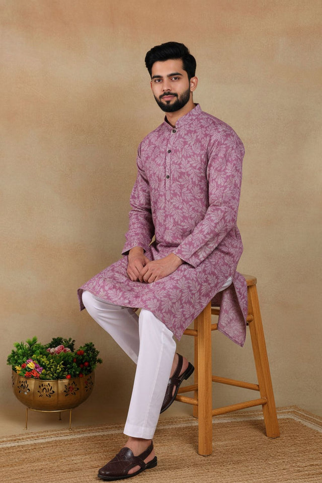Mens Purple Digital Printed Linen Kurta Set (ACA9251)