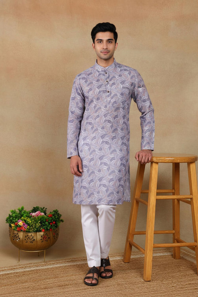 Mens Violet Digital Printed Linen Kurta Set (ACA9252)