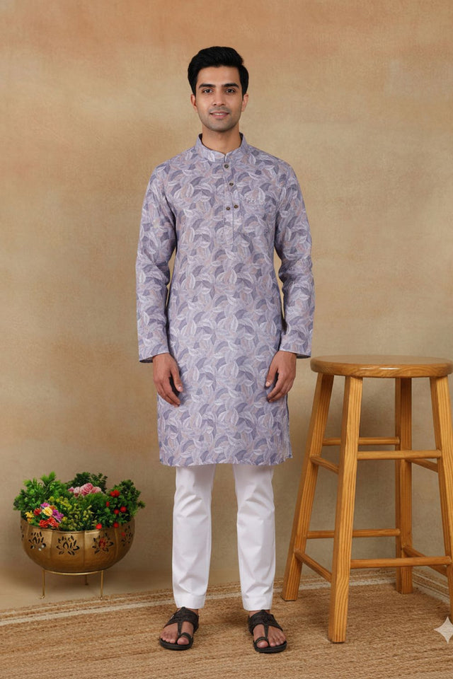 Mens Violet Digital Printed Linen Kurta Set (ACA9252)
