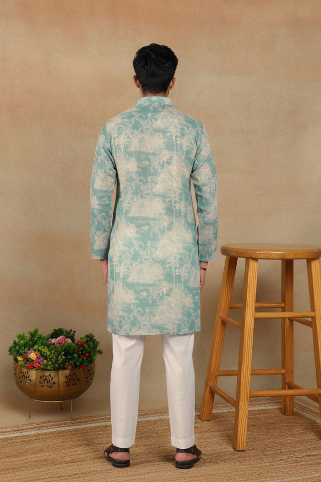 Mens Green Digital Printed Linen Kurta Set (ACA9253)
