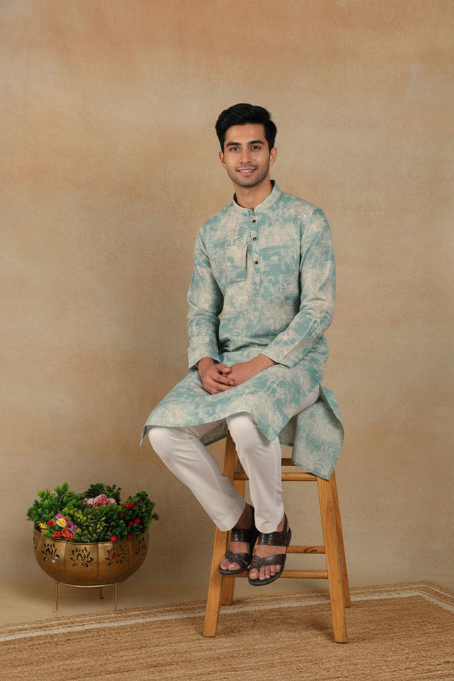Mens Green Digital Printed Linen Kurta Set (ACA9253)