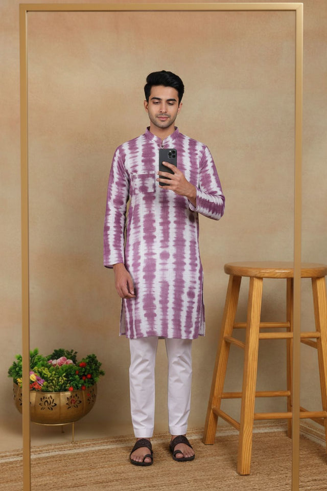 Mens Wine Digital Printed Linen Kurta Set (ACA9254)