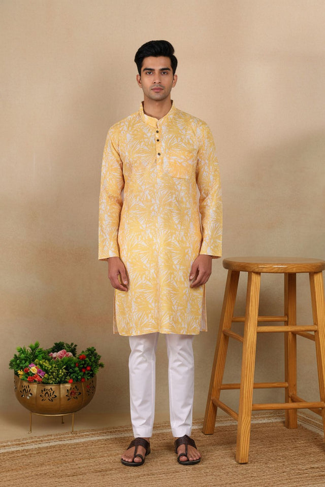 Mens Mustard Digital Printed Linen Kurta Set (ACA9255)