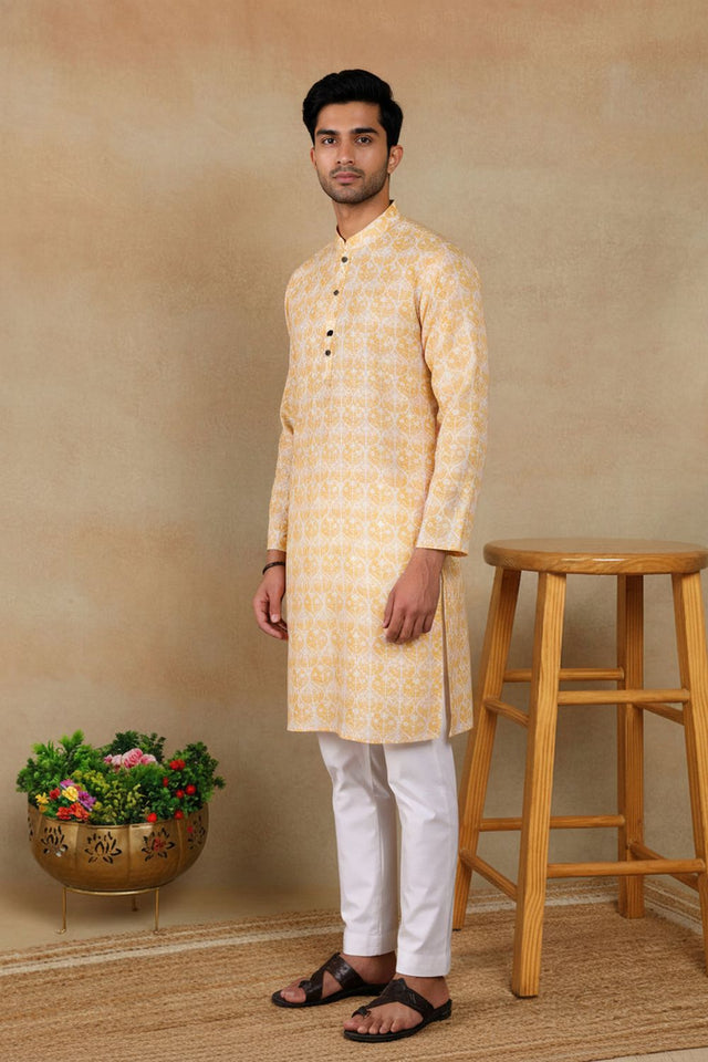 Mens Yellow Digital Printed Linen Kurta Set (ACA9256)