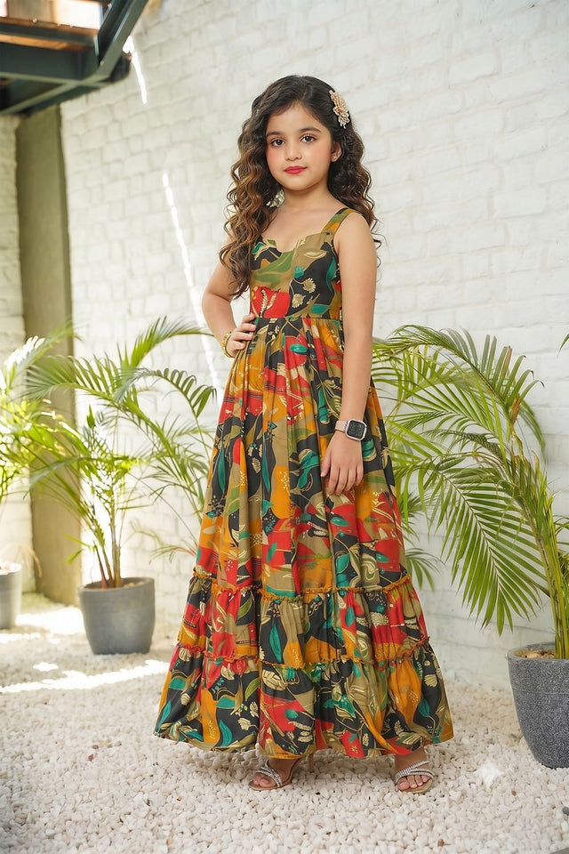 Girls Multi Color Floral Printed Rayon Dress (ACA9259)