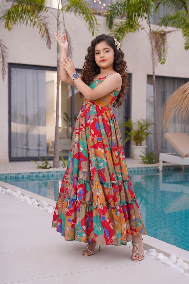 Girls Multi Color Floral Printed Rayon Dress (ACA9260)