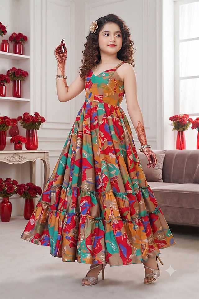 Girls Multi Color Floral Printed Rayon Dress (ACA9260)
