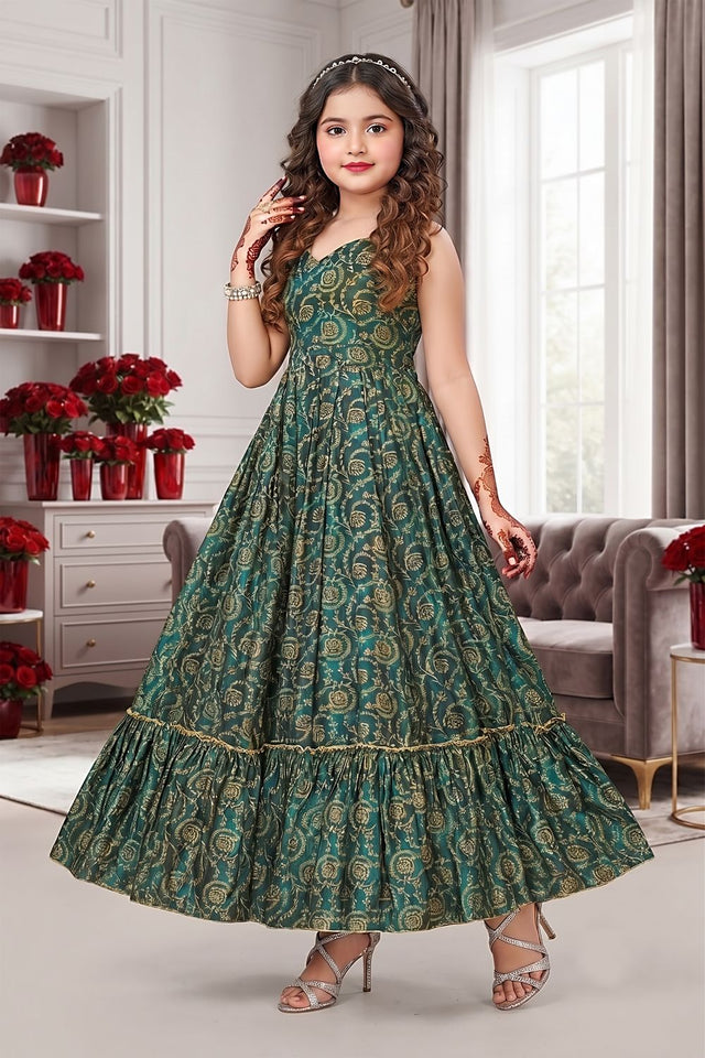 Girls Green Floral Printed Rayon Dress (ACA9263)