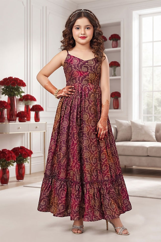 Girls Purple Floral Printed Rayon Dress (ACA9264)
