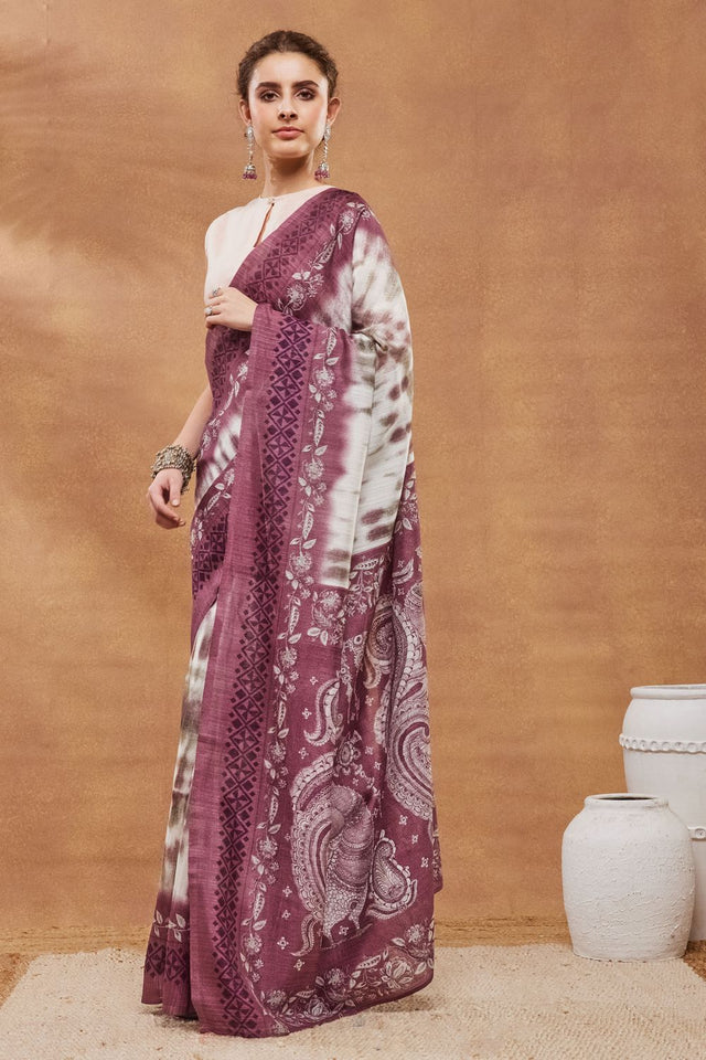 Wine Printed Silk Blend Ready to Wear Saree (ACA9266)