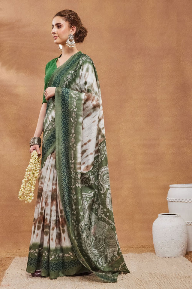 Green Printed Silk Blend Ready to Wear Saree (ACA9267)