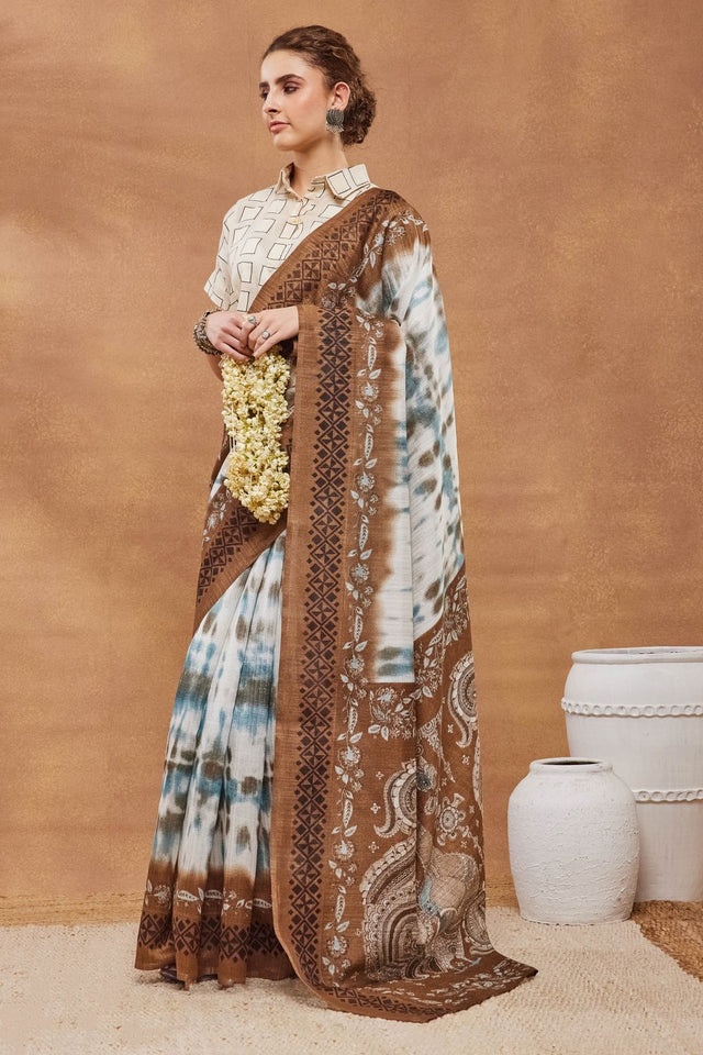 Brown Printed Silk Blend Ready to Wear Saree (ACA9268)