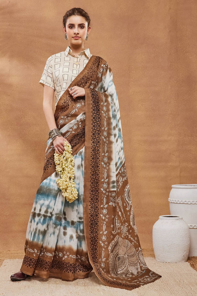 Brown Printed Silk Blend Ready to Wear Saree (ACA9268)