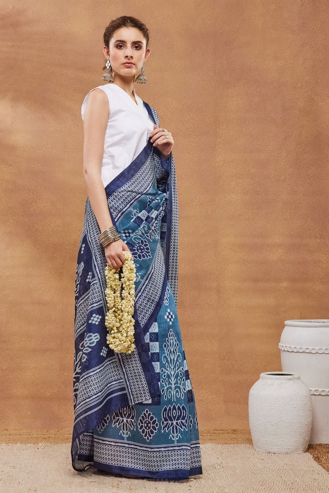 Blue Printed Silk Blend Ready to Wear Saree (ACA9270)