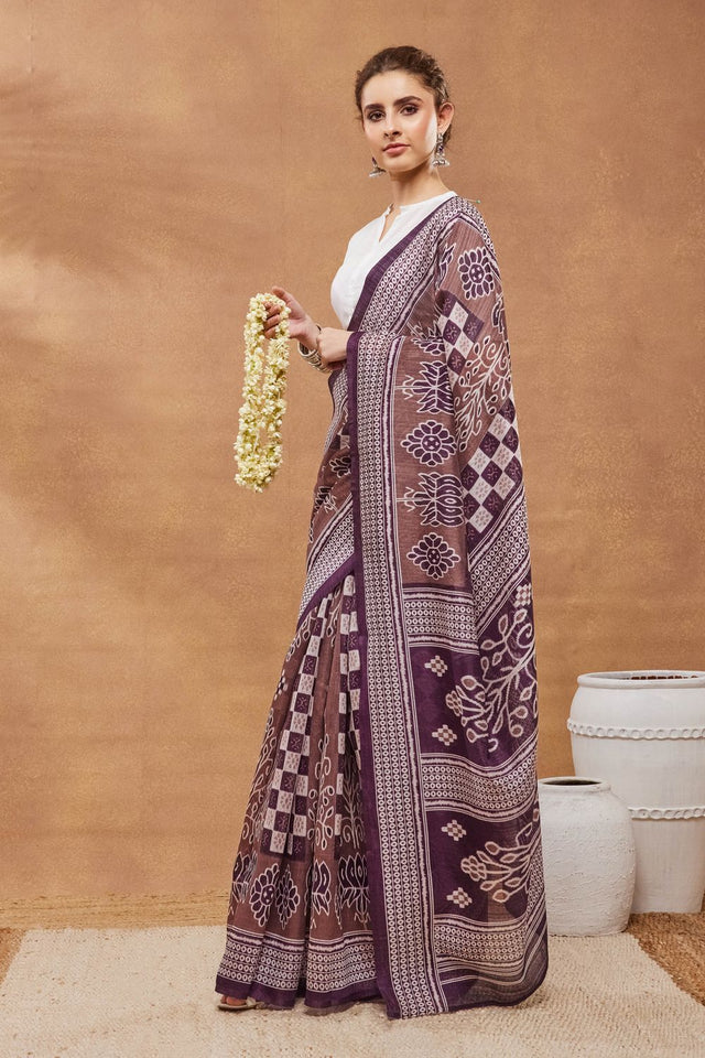 Wine Printed Silk Blend Ready to Wear Saree (ACA9271)