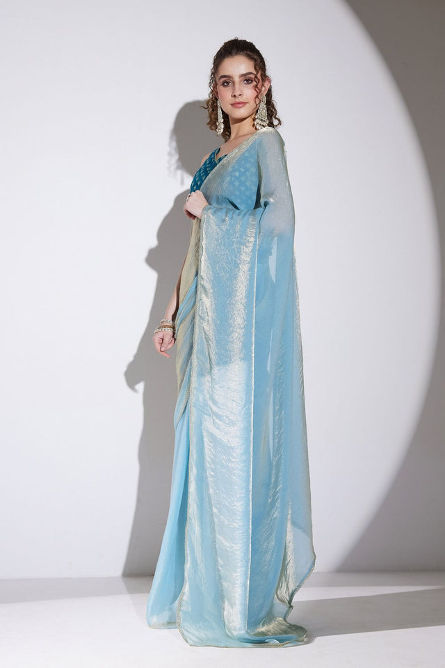 Blue Solid with Lace Border Tissue Ready to Wear Saree (ACA9272)