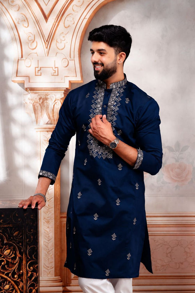 Mens Blue Embroidered Cotton Kurta Set (ACA9275)